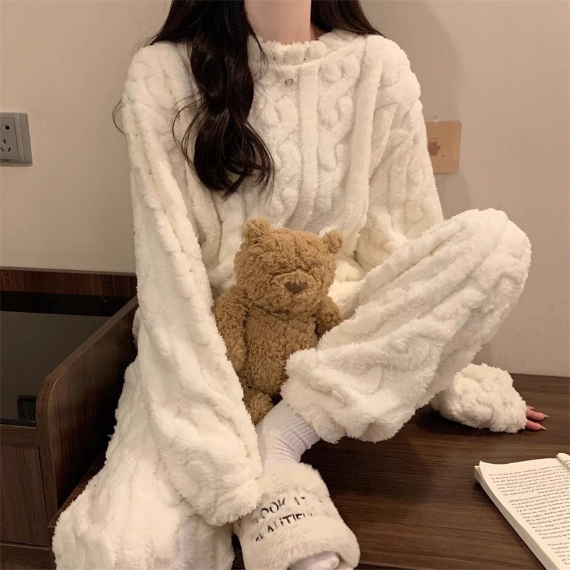 New fashion coral fleece jacquard suit pajamas autumn and winter fleece-lined thickened online celebrity girl couple casual suitJacquard suit-milky white (top + pants) Jacquard suit-milky white (top + pants) 