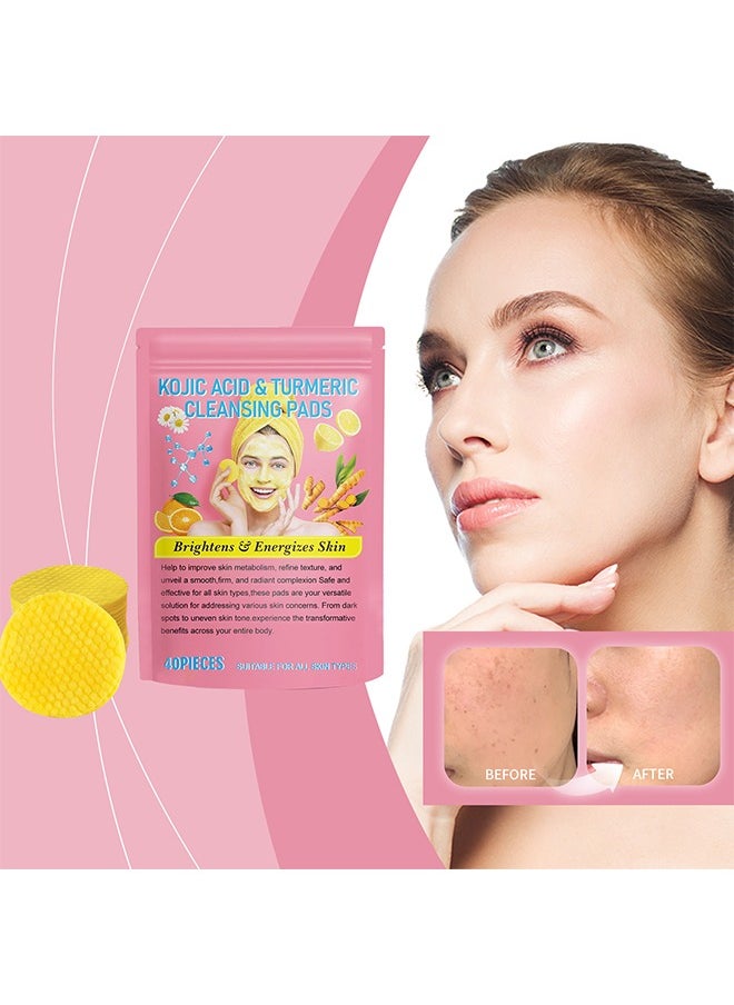 KOJIC ACID 40 Pcs Turmeric Cleansing Pads, Kojic Acid and Turmeric Cleansing Pads for Face and Body Remove Excess Keratin, Reduce Black Spots and Cleanse the Skin, Exfoliating, Acne Scars, Unclog Pores  - Image 1