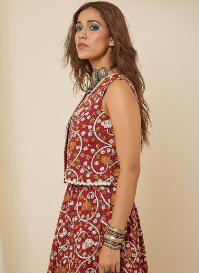 WineRed Wine Red Floral Print V-Neck Sleeveless Ethnic Cotton Crop Top - Image 2