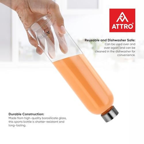 ATTRO Glassox Cleara High Borosilicate Screw Glass Bottle with Stainless Steel Lid Leakproof – Ideal for Office, Travel, Home,Outdoor & Daily Use – Transparent – 1000ml - Image 2
