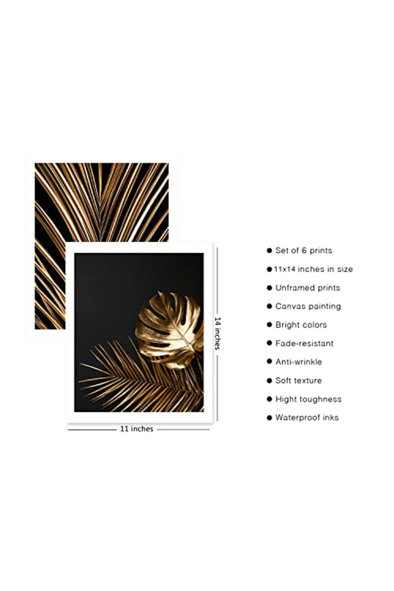 HoozGee Gold Leaf Art Prints Modern Black Gold Botanical Tropical Plant Leaves Art Wall Pictures Canvas Prints Gallery Wall Art Poster Wall Decor Bedroom Room Home Decor (11"x14" UNFRAMED) - Image 2