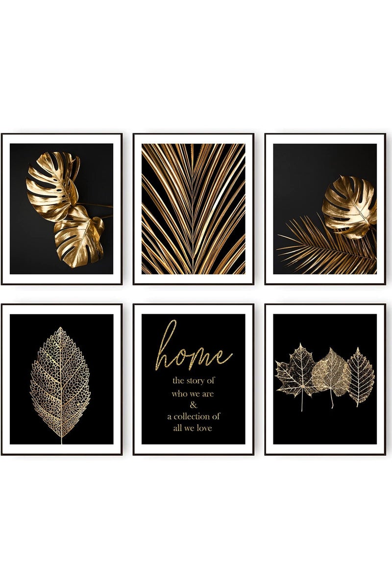 HoozGee Gold Leaf Art Prints Modern Black Gold Botanical Tropical Plant Leaves Art Wall Pictures Canvas Prints Gallery Wall Art Poster Wall Decor Bedroom Room Home Decor (11"x14" UNFRAMED) - Image 1