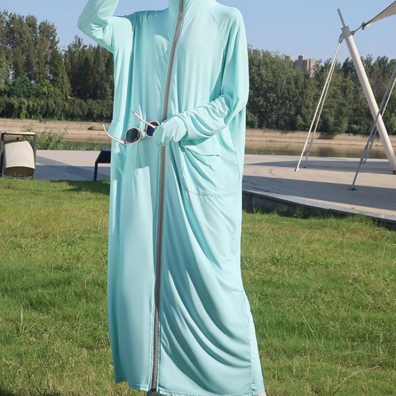 Generic Extra Large Size 150kg Long Full-Body Breathable Hooded Sun Protection Clothing for Women Anti-Uv Sports Windbreaker Jacket Thin Light blue 