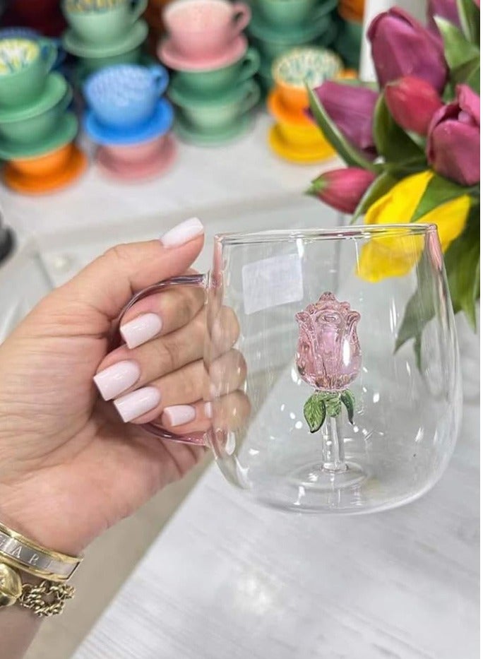 1Chase 300 ML Borosilicate Three-Dimensional Coffee Cup with Handle , Flower Design - Image 3