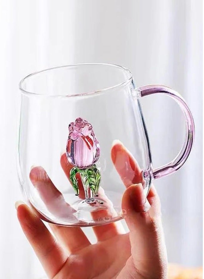 1Chase 300 ML Borosilicate Three-Dimensional Coffee Cup with Handle , Flower Design - Image 2