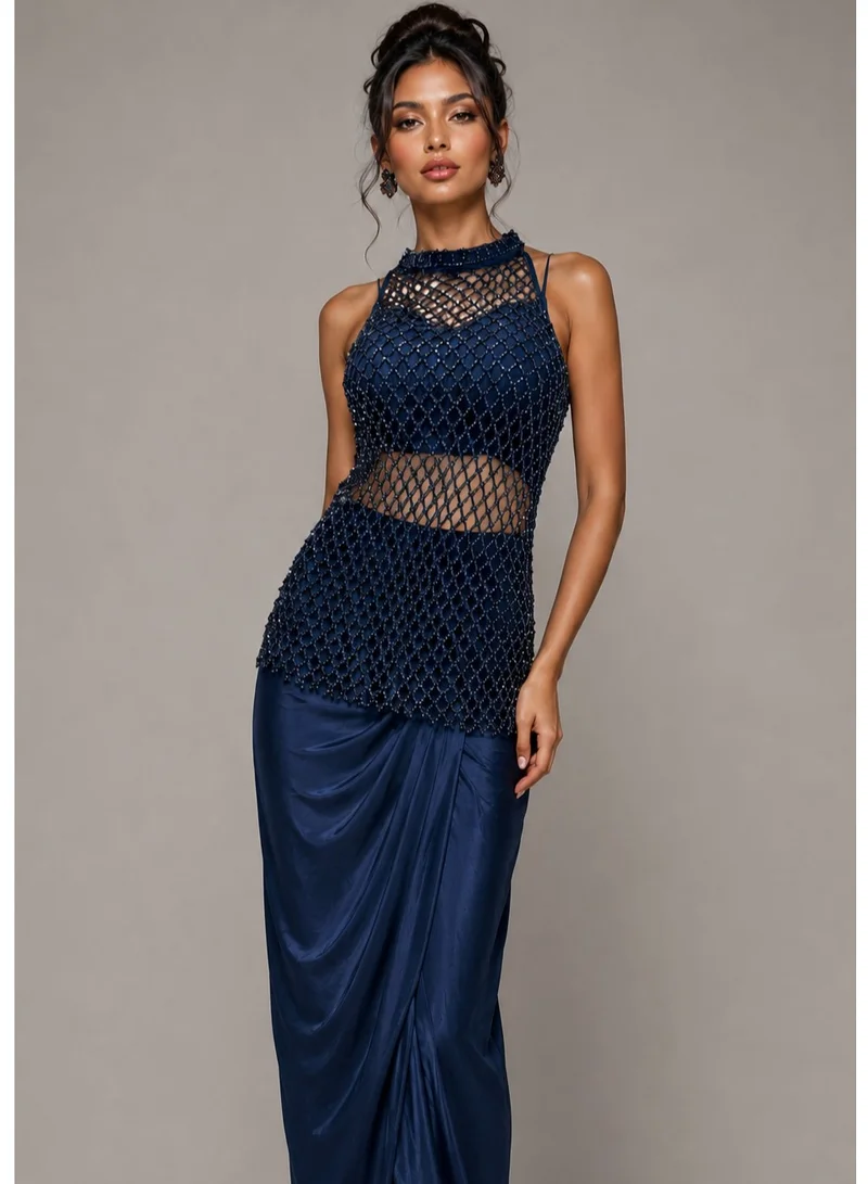 Lehar Blue Mesh Halter Gown with Tulip Skirt and Bustier