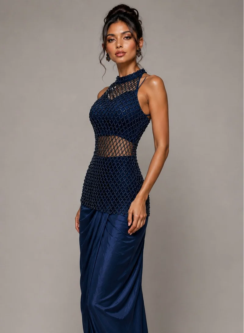 Lehar Blue Mesh Halter Gown with Tulip Skirt and Bustier