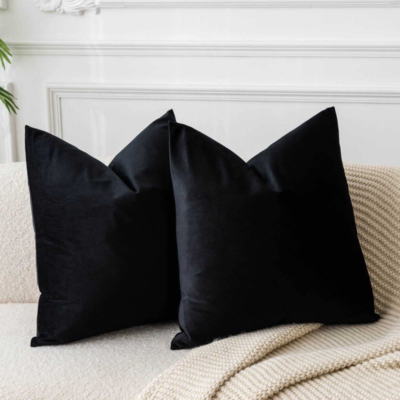 JUSPURBET Black Halloween Velvet Throw Pillow Covers 18x18 inch Set of 2 for Living Room Couch Sofa Bedroom Decorative Square Solid Soft Cushion Cases with Invisible Zipper