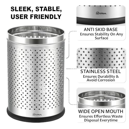mofna Stainless Steel Perforated Dustbin for Home, Trash Can with Anti-skid Base, Garbage Bin for Bathroom, Office, Bedroom, Kitchen & Toilet or Commercial Use- (7x10 In -6 Liter, Silver), Pack of 1 - Image 3