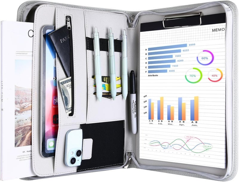 Procase Portfolio Business Padfolio Folder with Zipper, Conference Meeting Executive File Legal Document Organizer with Pockets Letter Size A4 Writing Pad Notepad Padfolio -Grey - Image 1