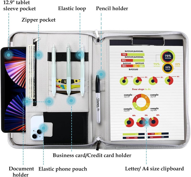 Procase Portfolio Business Padfolio Folder with Zipper, Conference Meeting Executive File Legal Document Organizer with Pockets Letter Size A4 Writing Pad Notepad Padfolio -Grey - Image 3