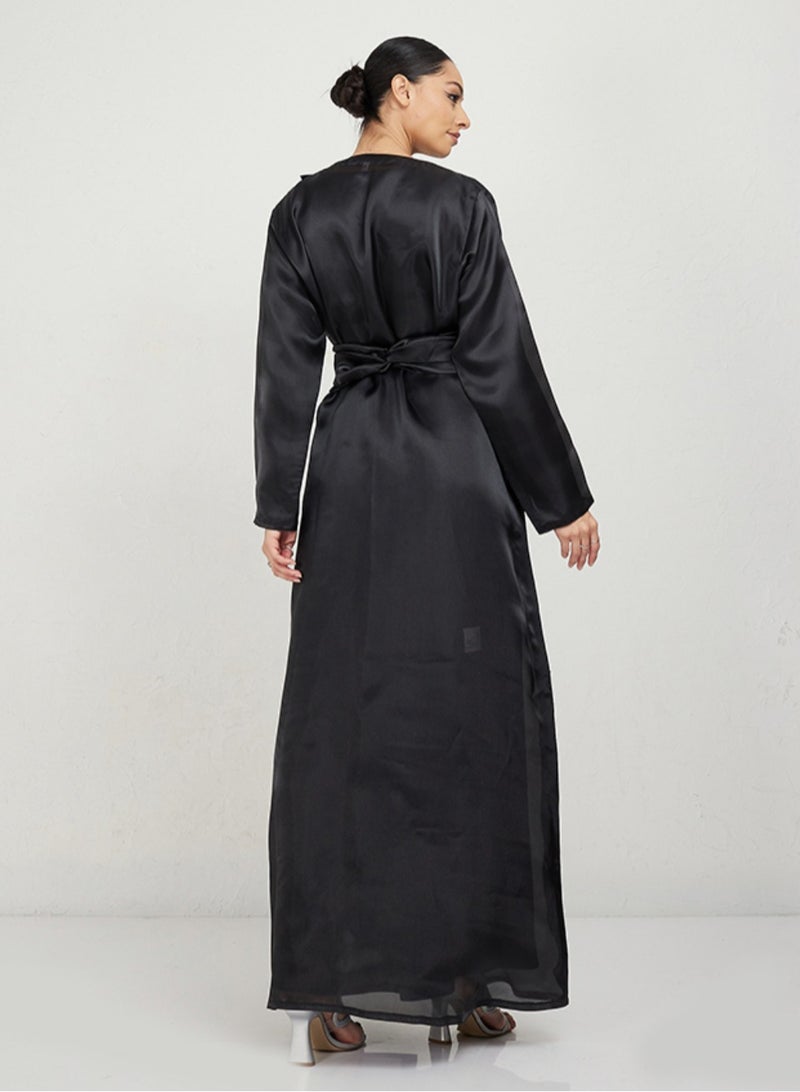 روزيت عباية عباءة من الأورغنزا السوداء بتصميم تطريز زهور بارز - Image 3