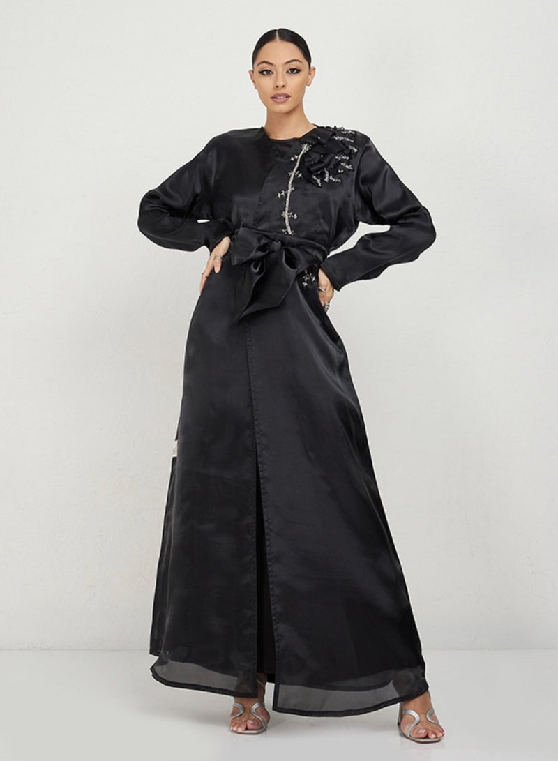 روزيت عباية عباءة من الأورغنزا السوداء بتصميم تطريز زهور بارز - Image 4