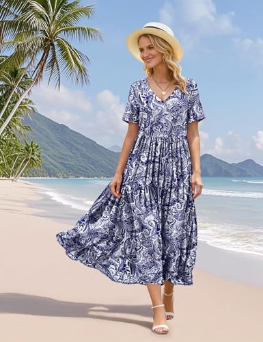 YESNO Women's Summer Maxi Dresses Casual Floral Short Sleeve V Neck Boho Beach Vacation Swing Dress with Pockets L EVF CR148 - Image 5