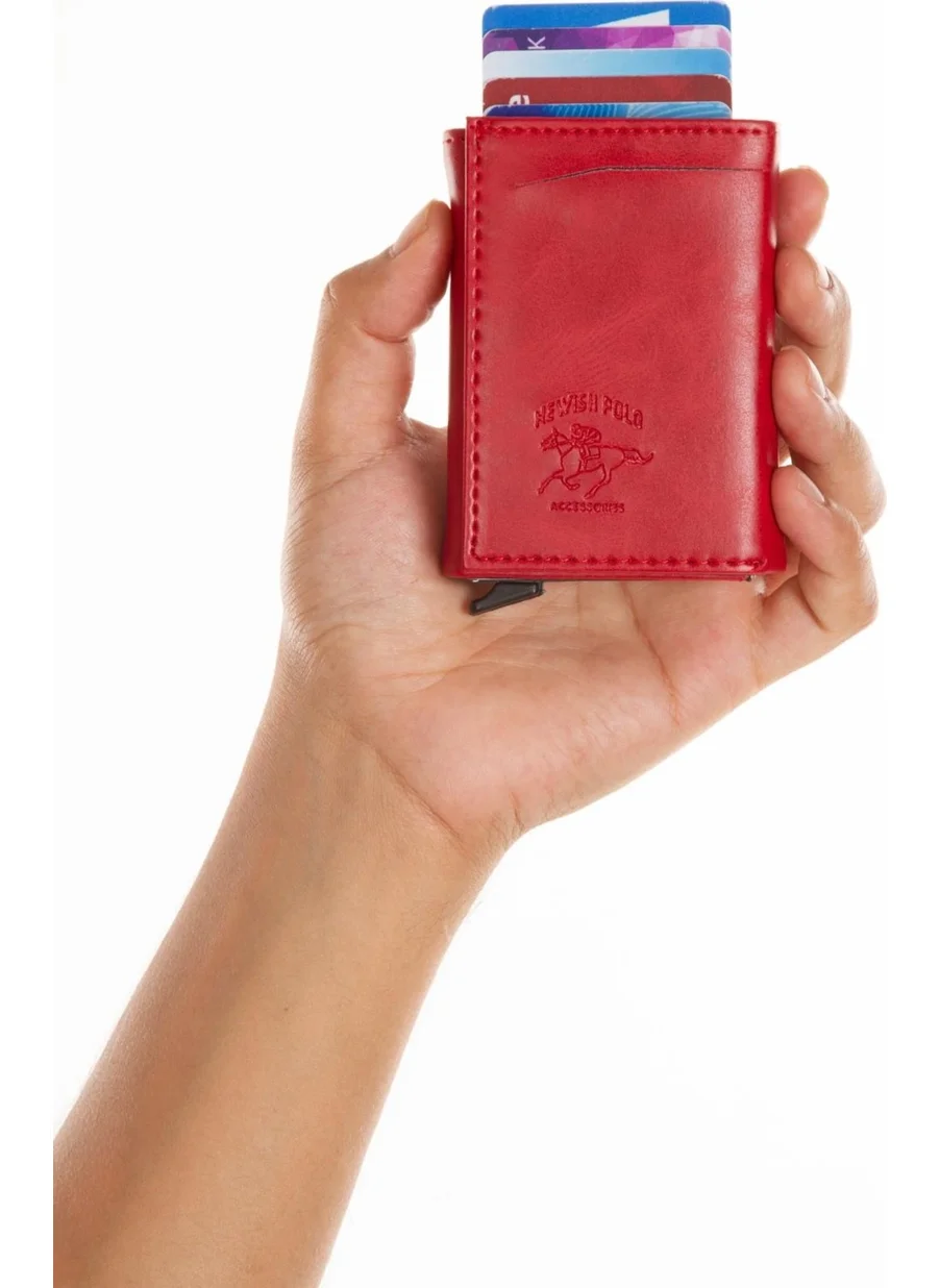 Newish Polo Red Crazy Artificial Leather Automatic Mechanism Card Holder Wallet