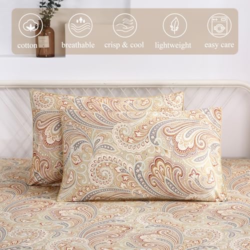URBONUR Cotton Sheets Set Queen Size 4Pcs Sateen Weave Cooling Bedsheets - Vintage Boho Paisley Sheet Sets Deep Pocket - Easy Fit (Khaki, Queen) - Image 5