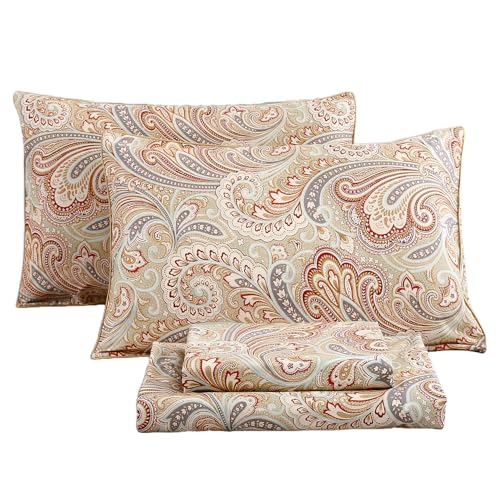 URBONUR Cotton Sheets Set Queen Size 4Pcs Sateen Weave Cooling Bedsheets - Vintage Boho Paisley Sheet Sets Deep Pocket - Easy Fit (Khaki, Queen) - Image 1