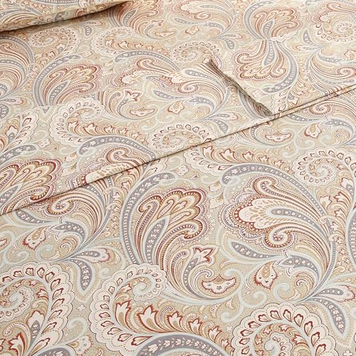 URBONUR Cotton Sheets Set Queen Size 4Pcs Sateen Weave Cooling Bedsheets - Vintage Boho Paisley Sheet Sets Deep Pocket - Easy Fit (Khaki, Queen) - Image 4