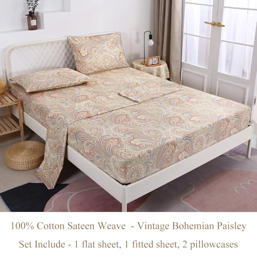 URBONUR Cotton Sheets Set Queen Size 4Pcs Sateen Weave Cooling Bedsheets - Vintage Boho Paisley Sheet Sets Deep Pocket - Easy Fit (Khaki, Queen) - Image 3