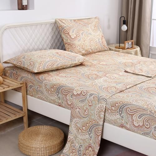 URBONUR Cotton Sheets Set Queen Size 4Pcs Sateen Weave Cooling Bedsheets - Vintage Boho Paisley Sheet Sets Deep Pocket - Easy Fit (Khaki, Queen) - Image 2
