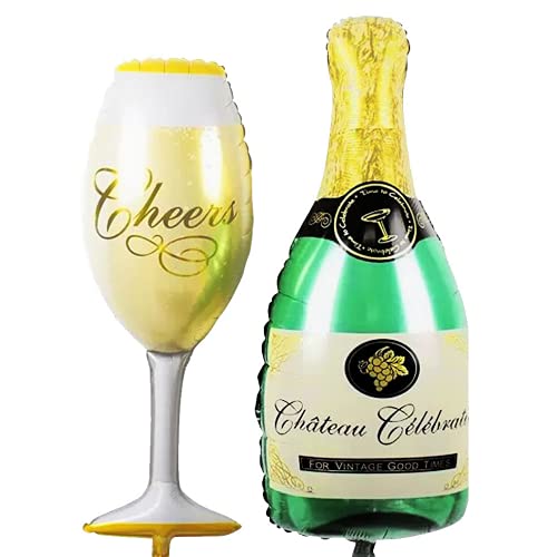 Propsicle 36 Inch Champagne Bottle & Wine Glass Foil Balloons Pack of 2, Gold Party Decoration Set for Bachelorette, Anniversary, Adult Birthday Celebration, Supports Air & Helium Inflation - Image 1