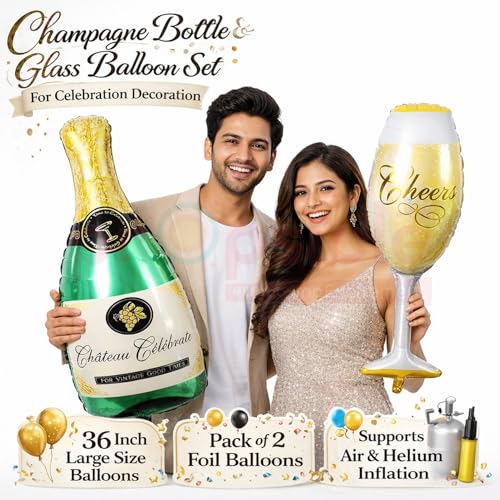 Propsicle 36 Inch Champagne Bottle & Wine Glass Foil Balloons Pack of 2, Gold Party Decoration Set for Bachelorette, Anniversary, Adult Birthday Celebration, Supports Air & Helium Inflation - Image 2