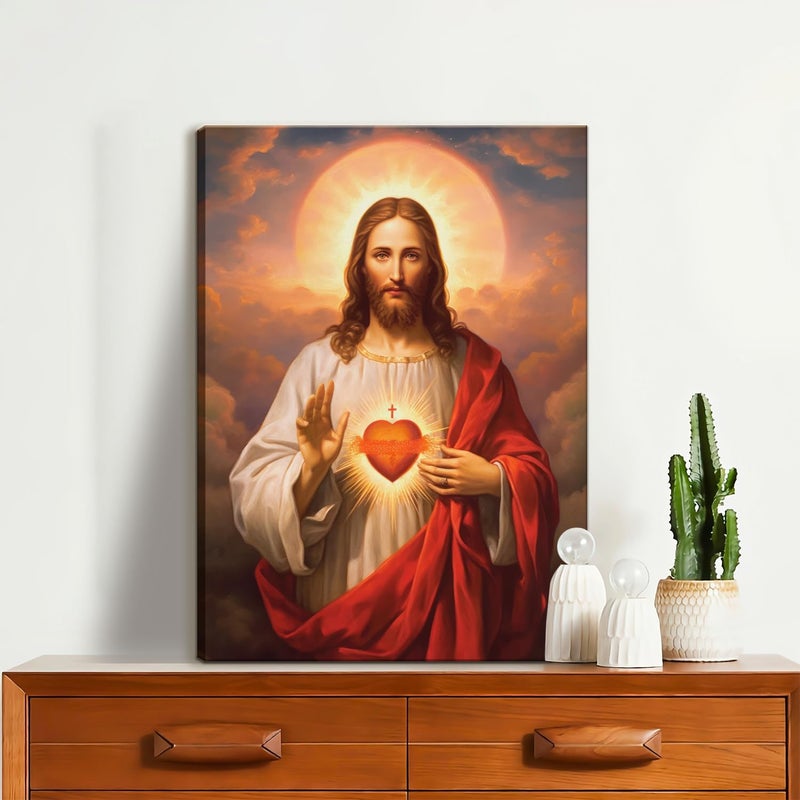 QGNBGBJ Framed Sacred Heart of Jesus Picture Wall Art Divine Mercy Picture Canvas Wall Decor Christ Jesus Portrait Poster Prints Christian Religious Artwork for Living Room Bedroom(12x16inch) - Image 2