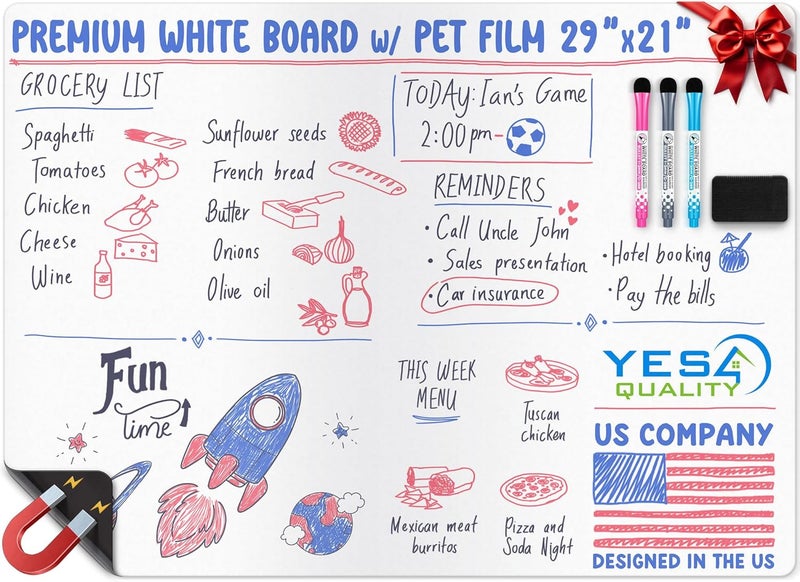 YES4QUALITY Extra Large Magnetic Dry Erase White Board Sheet for Fridge - 29x21 - Stain Resistant Technology with 3 Markers & Big Eraser with Magnet - Refrigerator Whiteboard Planner Organizer - by - Image 1