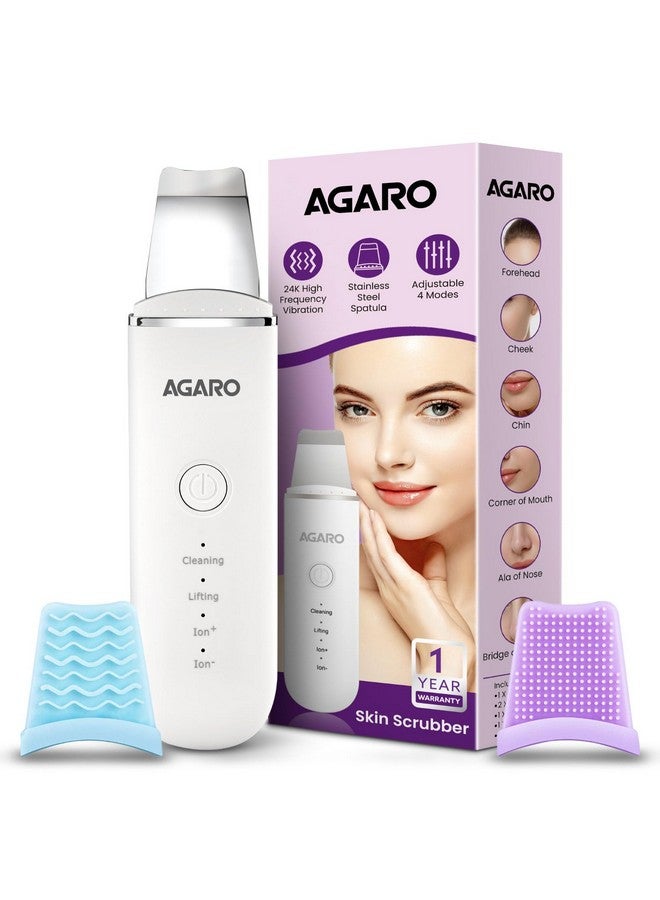AGARO Ultrasonic Facial Skin Scrubber For Wet Skin, Blackheads Remover And Facial Pores Cleaner With 4 Modes, Facial Scrubber Stainless Steel Spatula Safe For Skin, Come With Extractor For Facial Deep Cleansing, 2 Silicone Covers Included, Rechargeable, White - Image 1