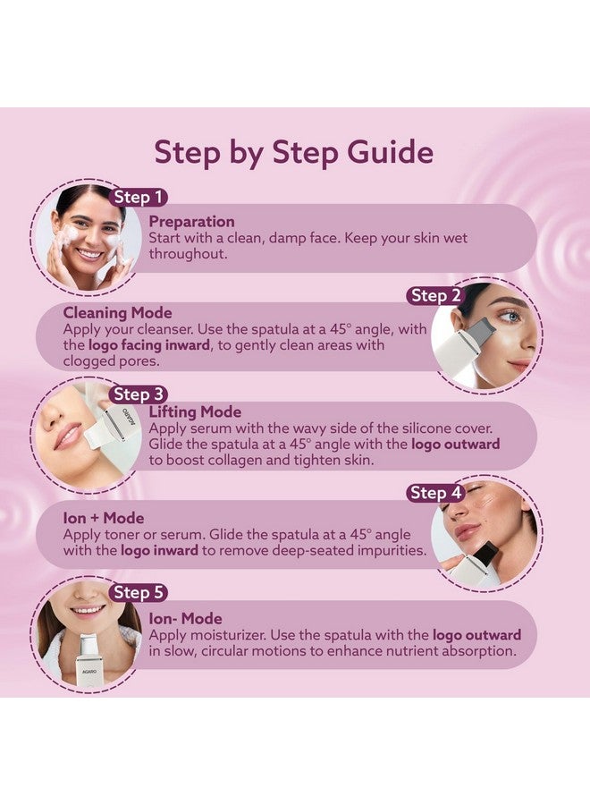 AGARO Ultrasonic Facial Skin Scrubber For Wet Skin, Blackheads Remover And Facial Pores Cleaner With 4 Modes, Facial Scrubber Stainless Steel Spatula Safe For Skin, Come With Extractor For Facial Deep Cleansing, 2 Silicone Covers Included, Rechargeable, White - Image 4