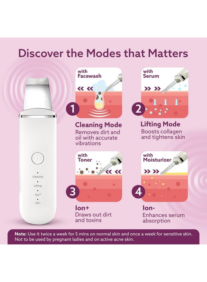 AGARO Ultrasonic Facial Skin Scrubber For Wet Skin, Blackheads Remover And Facial Pores Cleaner With 4 Modes, Facial Scrubber Stainless Steel Spatula Safe For Skin, Come With Extractor For Facial Deep Cleansing, 2 Silicone Covers Included, Rechargeable, White - Image 3