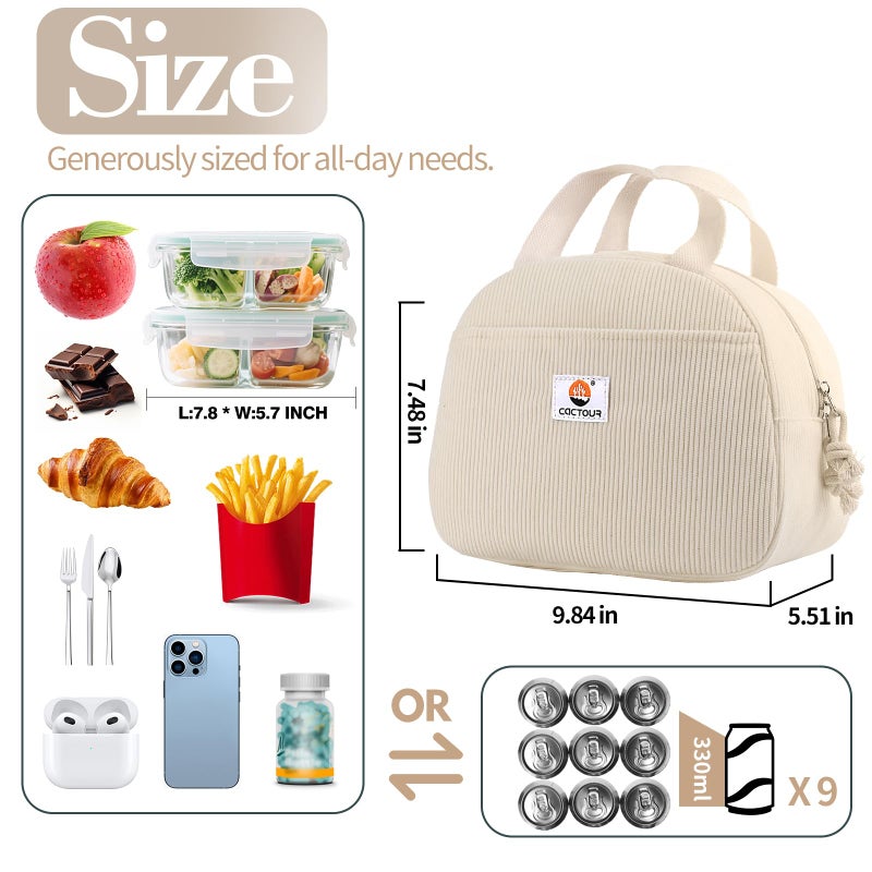 CaCTOUR Lunch Bag Lunch Box for Women Girls Teens, Cute Lunch Box Cooler Bag,Portable Small Reusable Corduroy Insulated LunchBox for Work/Travel/Picnic/School (Beige) - Image 5