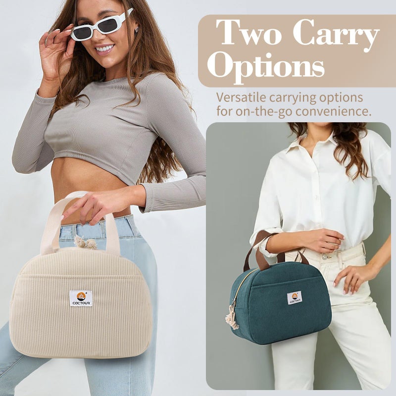 CaCTOUR Lunch Bag Lunch Box for Women Girls Teens, Cute Lunch Box Cooler Bag,Portable Small Reusable Corduroy Insulated LunchBox for Work/Travel/Picnic/School (Beige) - Image 2