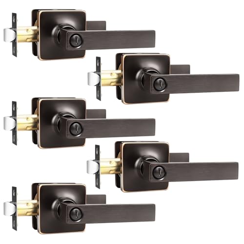 GOBEKOR 5 Pack Oil Rubbed Bronze Door Handle Interior Door Levers Privacy for Bedroom Bathroom Square Door Handles Keyless Straight Levers - Image 1