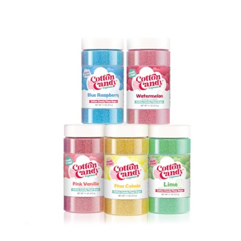 Cotton Candy Express Floss Sugar Variety Pack 5-11oz Plastic Jars of Lime, Watermelon, Pina Colada, Blue Raspberry, Pink Vanilla Flossing Sugars. Use with Cotton Candy Express countertop machine - Image 1