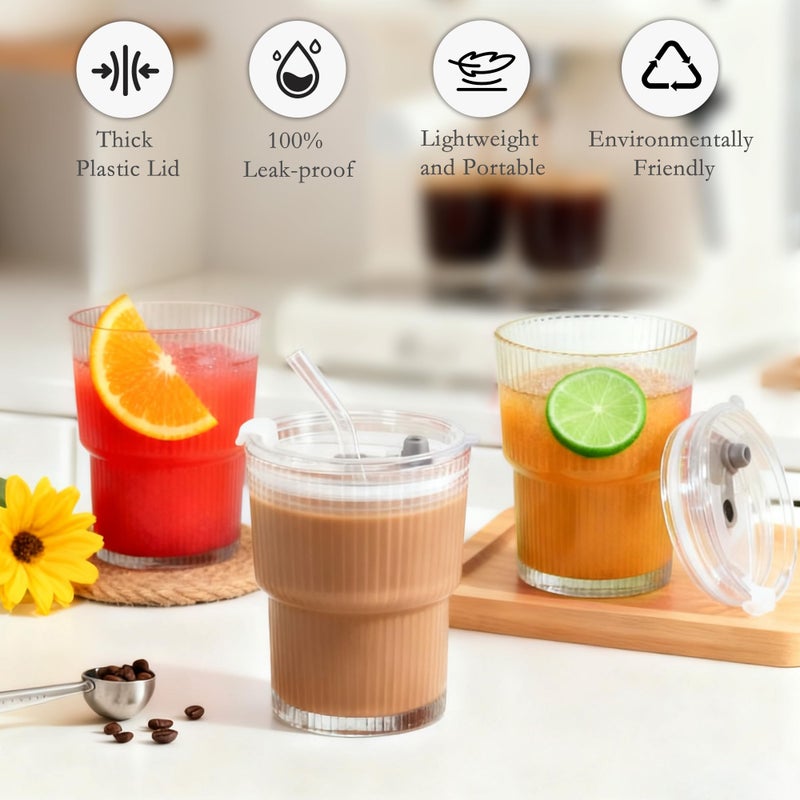 Icesip 13 oz Glass Cups with Lids and Straws Ribbed Drinking Glasses Cup Leak Proof Iced Coffee Glass Tumbler Set of 2 for Soda Smoothie Juice(Clear*2) - Image 4
