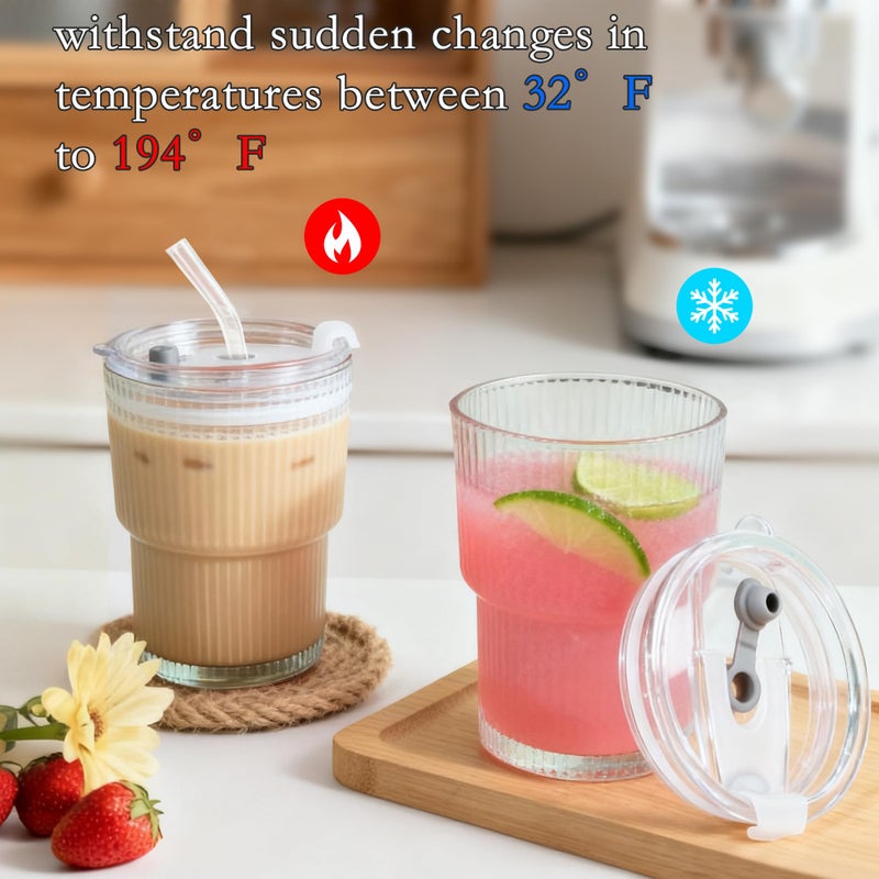 Icesip 13 oz Glass Cups with Lids and Straws Ribbed Drinking Glasses Cup Leak Proof Iced Coffee Glass Tumbler Set of 2 for Soda Smoothie Juice(Clear*2) - Image 3