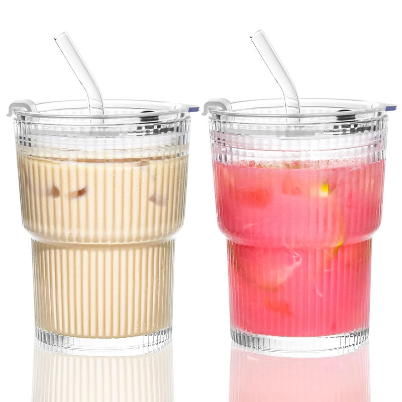Icesip 13 oz Glass Cups with Lids and Straws Ribbed Drinking Glasses Cup Leak Proof Iced Coffee Glass Tumbler Set of 2 for Soda Smoothie Juice(Clear*2) - Image 1