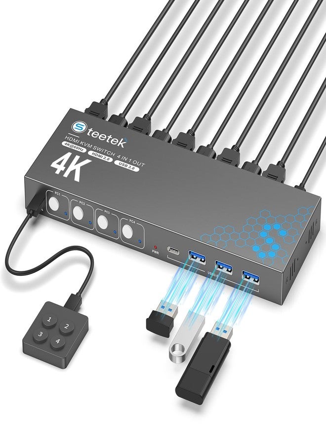 Steetek Kvm Switch Box for 4 Computers Share 1 Monitor, 4K@60Hz 4X1 Kvm Switch with 3 Usb 3.0 Ports, Hdcp 2.2, Plug and Play, Button Switch, with 1 Hdmi and 3 Usb Cables - Image 1
