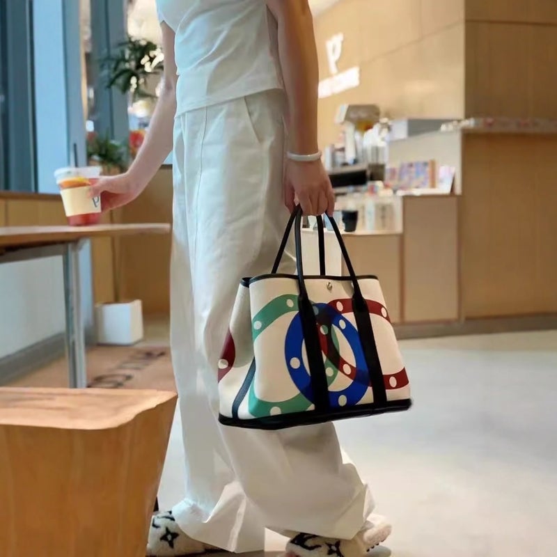 Explosive Canvas Leather Patch Color Garden Bag 2025 Summer Leisure Travel Art Graffiti Shoulder Handbag - Image 3