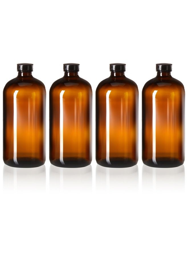 kitchentoolz 4 Pack - 32oz Kombucha Bottles - Boston Round Amber Glass Growler Kombucha Bottles- with Phenolic Poly Cone Insert Caps - Tight Seal for Secondary Kombucha Fermentation - Image 1