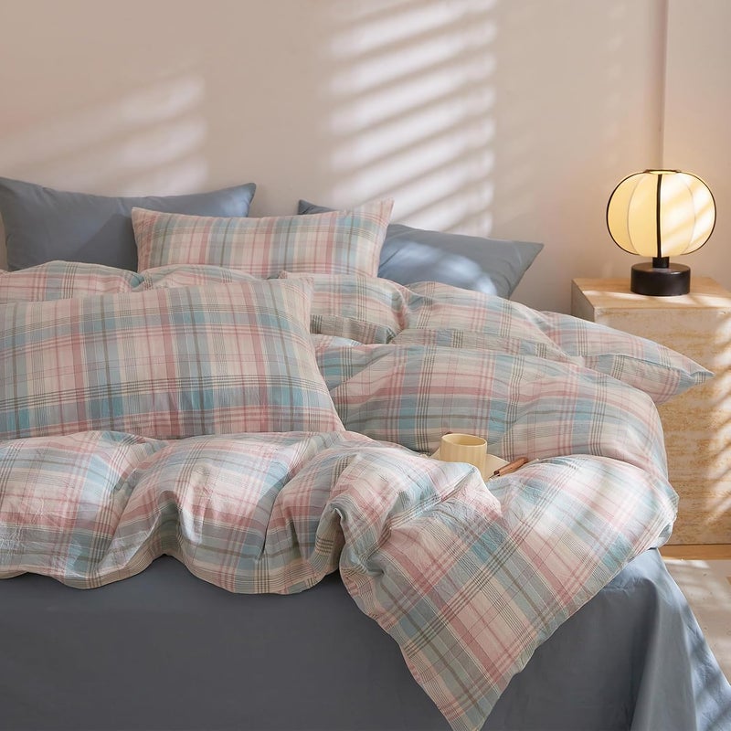 EAVD Cotton Grid Plaid Duvet Cover Full Size Colorful Gingham Duvet Cover Set 3 Pieces Modern Grid Checkered Bedding Set with 2 Pillowcases Reversible Gingham Bedding Set for Girls Boys Women Men - Image 1