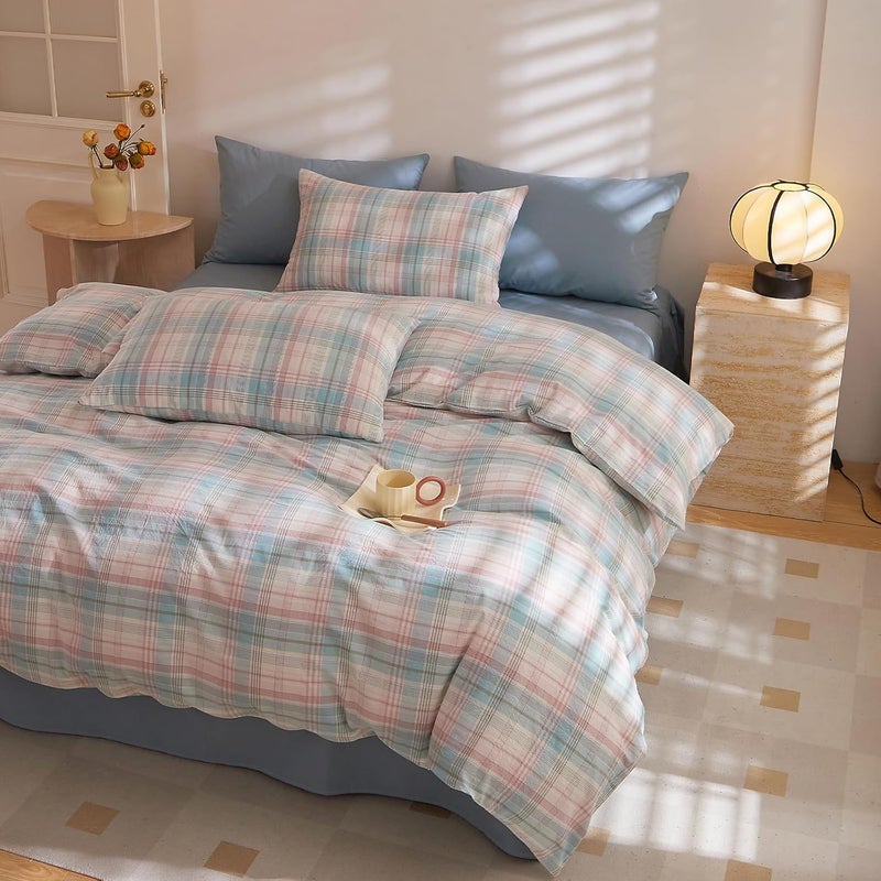 EAVD Cotton Grid Plaid Duvet Cover Full Size Colorful Gingham Duvet Cover Set 3 Pieces Modern Grid Checkered Bedding Set with 2 Pillowcases Reversible Gingham Bedding Set for Girls Boys Women Men - Image 3