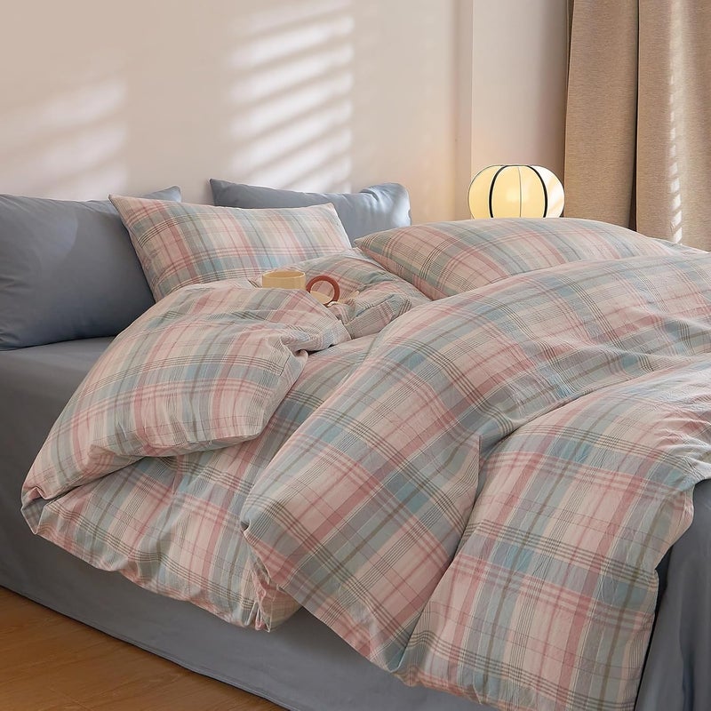EAVD Cotton Grid Plaid Duvet Cover Full Size Colorful Gingham Duvet Cover Set 3 Pieces Modern Grid Checkered Bedding Set with 2 Pillowcases Reversible Gingham Bedding Set for Girls Boys Women Men - Image 2