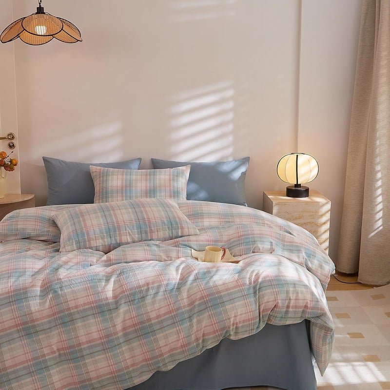 EAVD Cotton Grid Plaid Duvet Cover Full Size Colorful Gingham Duvet Cover Set 3 Pieces Modern Grid Checkered Bedding Set with 2 Pillowcases Reversible Gingham Bedding Set for Girls Boys Women Men - Image 5
