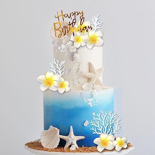 DRWATE 21 PCS Flower Cake Topper Hawaiian Beach Cake Decorations with Starfish Artificial Plumeria Flower for Hawaii Aloha Summer Theme Wedding Birthday White - Image 1