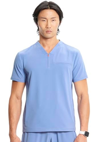 Cherokee Infinity Mens Partial Zip V-Neck Scrub Top, Rib-Knit Panels, 2 Zip Pockets, 1 Welt Pocket PROTX2 Fabric Plus Size - IN702A, 2XL, Ciel Blue - Image 1