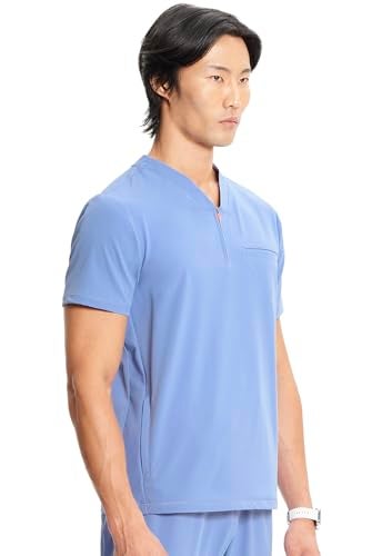 Cherokee Infinity Mens Partial Zip V-Neck Scrub Top, Rib-Knit Panels, 2 Zip Pockets, 1 Welt Pocket PROTX2 Fabric Plus Size - IN702A, 2XL, Ciel Blue - Image 5