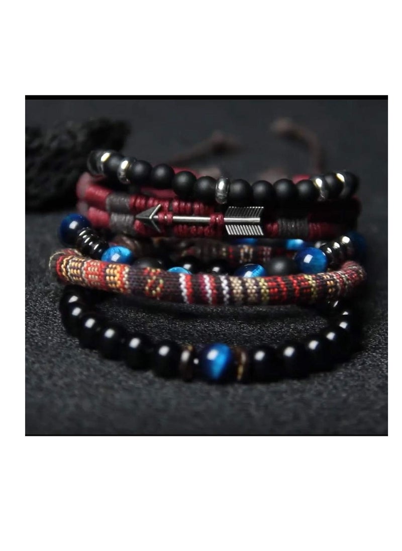SYOSI - Braided Leather Bracelets for Men Women Wrap Tiger Eye Lava Rock Beads Bracelet Woven Ethnic Tribal Rope Wristbands Set Adjustable - Image 1