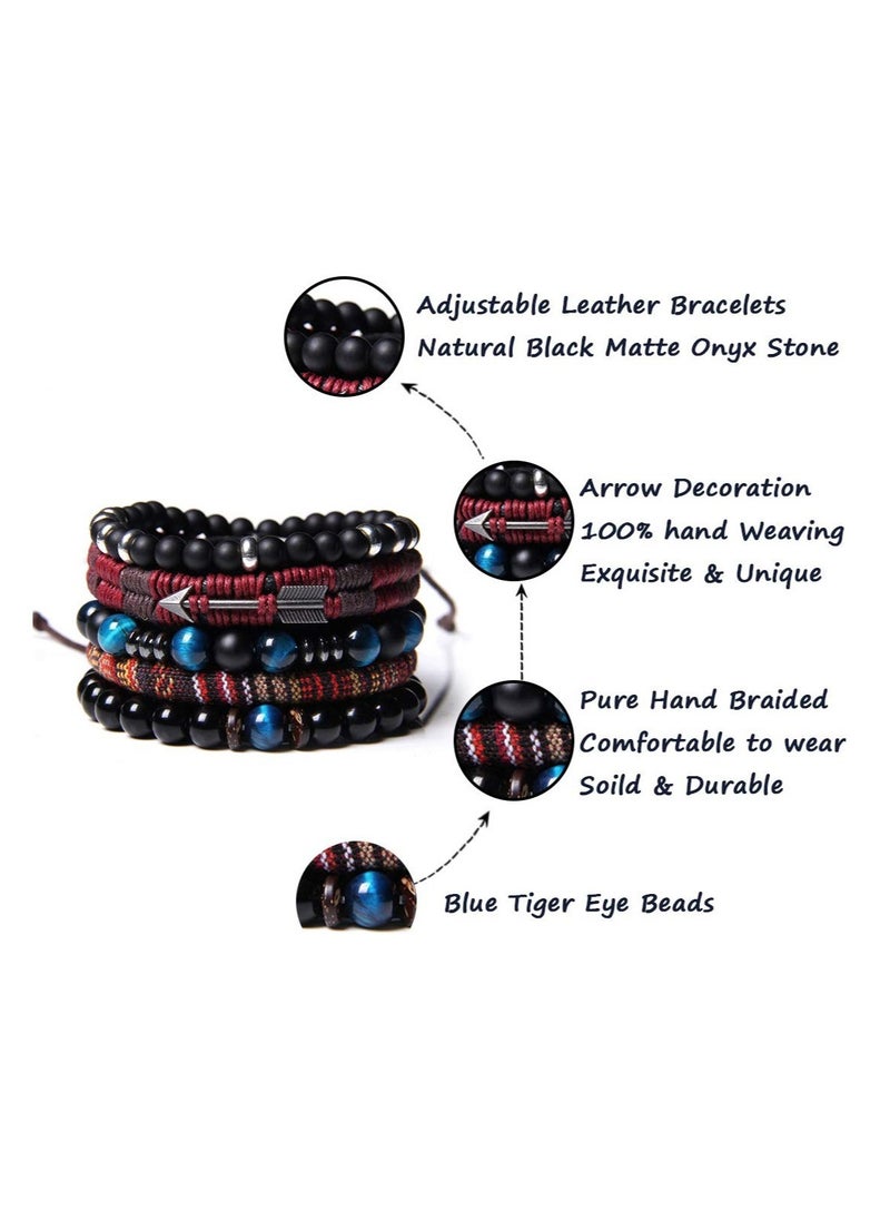 SYOSI - Braided Leather Bracelets for Men Women Wrap Tiger Eye Lava Rock Beads Bracelet Woven Ethnic Tribal Rope Wristbands Set Adjustable - Image 1